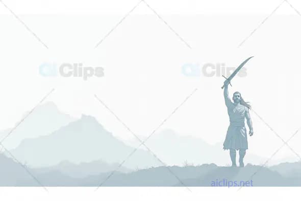 Warrior Holding Sword in the Mountains