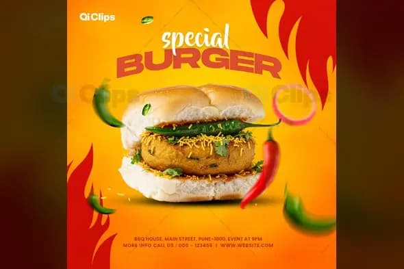 Spicy Special Burger with Flame Design Food Promotion Template