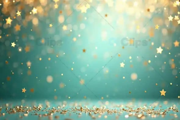 Golden Stars and Glitter Falling on Teal Background