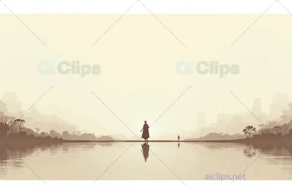 Solitary Figure on Misty Riverbank at Sunrise