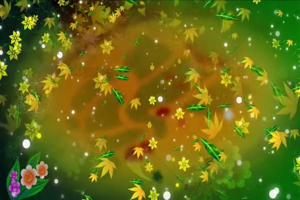 Lush Green Floral and Leaf Background with Soft Floating Particles