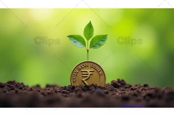 Indian Rupee Coin with Growing Plant in Soil