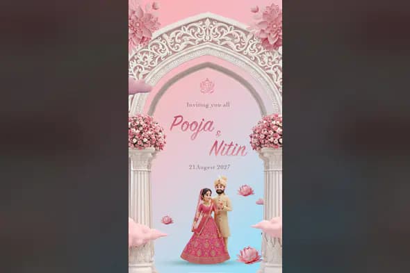 Elegant Pink & Ivory 3D Indian Wedding Invitation Template with Floral Arch and Cartoon Couple