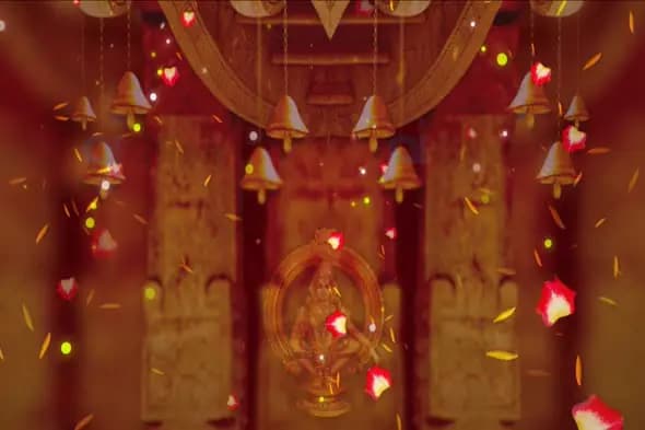 Temple Bells with Floating Flower Petals and Hindu Deity Animation