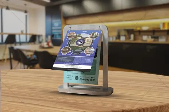 Real Estate Flyer Display Stand on Wooden Table Mockup