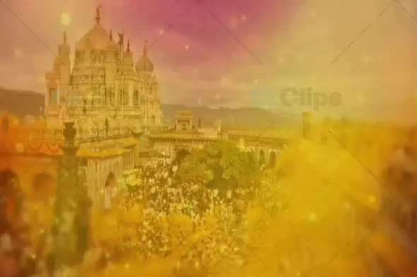 Majestic Temple with Festival Crowd and Glowing Light Effects Animation