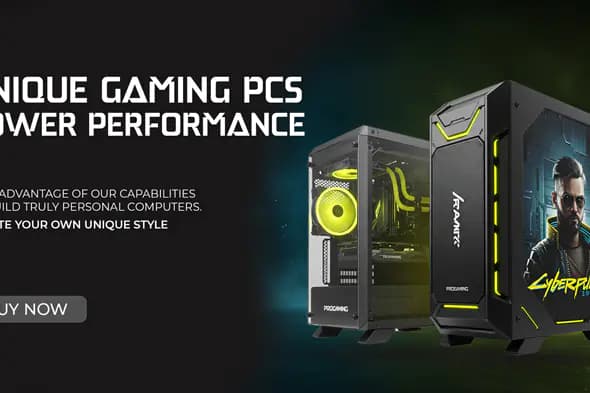 Cyberpunk Gaming PC Ad Banner with Yellow LED Custom Builds
