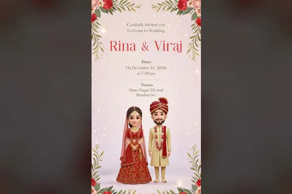 3D Indian Wedding Invitation Template with Traditional Cartoon Couple