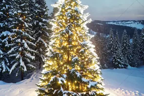Glowing Christmas Tree in Snowy Winter Landscape at Dusk
