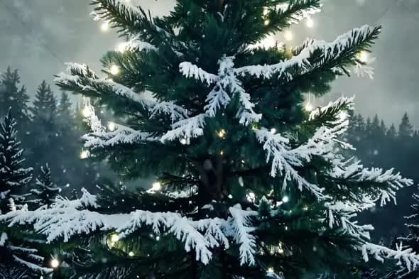 Snow-Covered Christmas Tree with Festive Lights in Winter Forest
