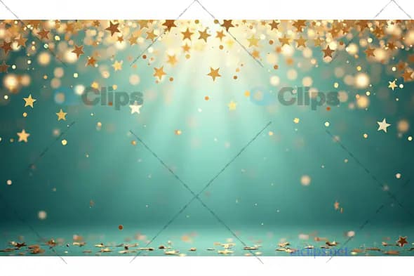 Golden Star Confetti on Teal Background with Bokeh Effect