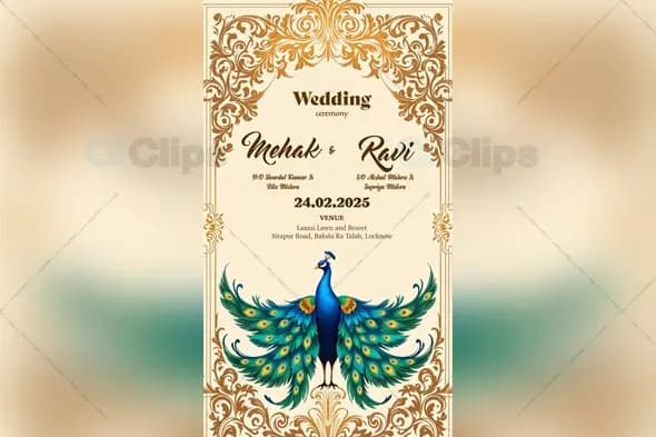 Ornate Peacock Wedding Invitation PSD Template