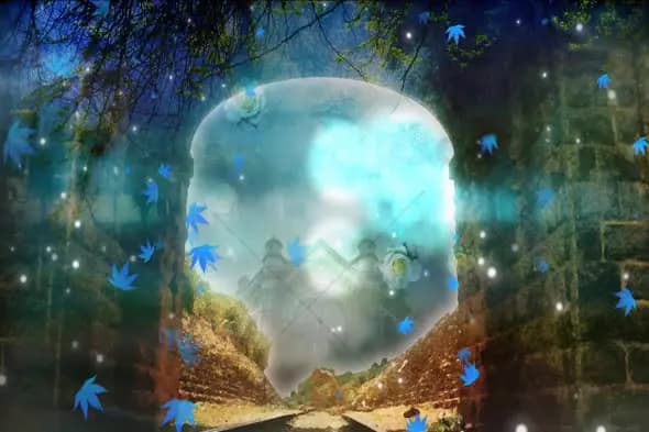 Surreal Dreamlike Pathway to Glowing Castle with Floating Leaves Animation