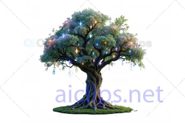 Enchanted Fantasy Tree with Hanging Crystals and Glowing Lights - 3D Model