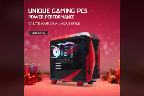 Festive Red Gaming PC Ad Banner – Holiday-Themed Unique Performance Promo Template
