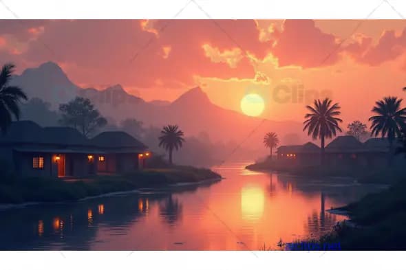 Sunset Over Tranquil River Village