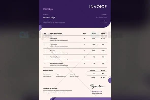 Modern Purple Professional Invoice Template Design