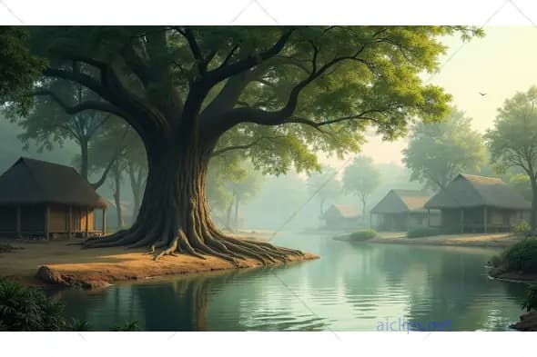 Serene Village by the River with Ancient Tree