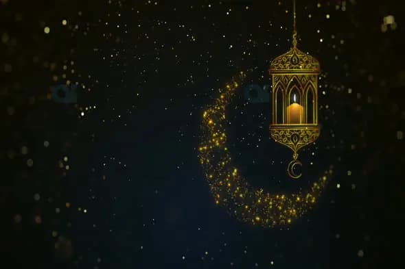 Golden Crescent with Lantern in Starry Islamic Night
