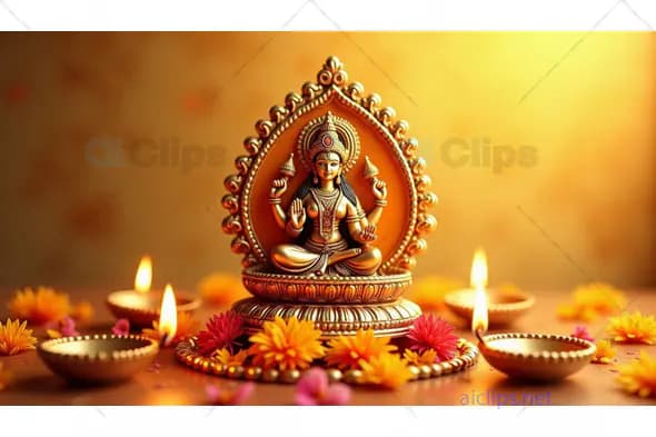 Lakshmi Puja Setup with Lit Diyas and Flowers