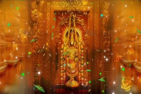 Divine Temple Entrance with Flower Petals and Leaves Animation