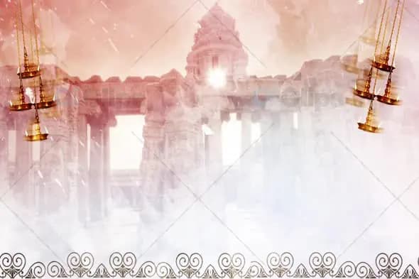 Temple Architecture with Hanging Lamps and Ethereal Light Background