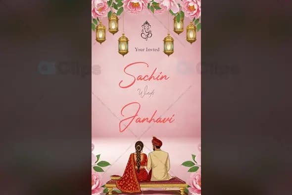 Indian Wedding Invitation with Hanging Lanterns and Peony Border
