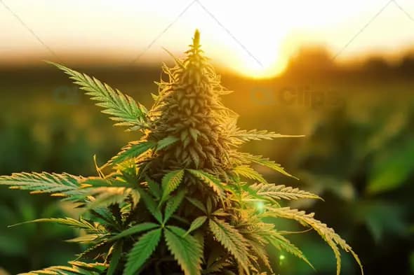 Cannabis Plant in Sunset Light - Close-Up of Hemp Field