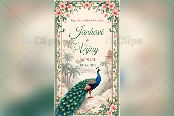 Floral Peacock Wedding Invitation PSD Template