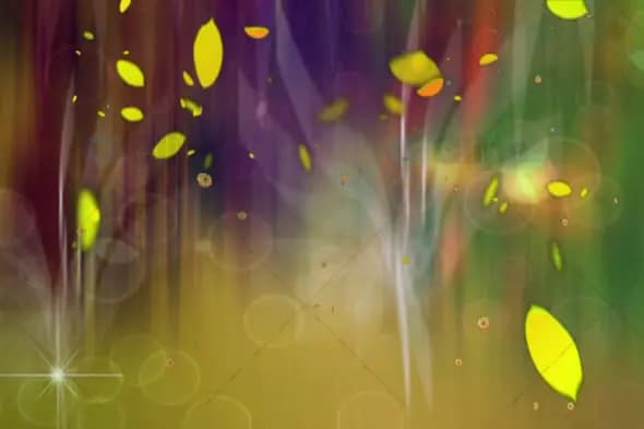 Colorful Abstract Background with Floating Leaves and Light Effects