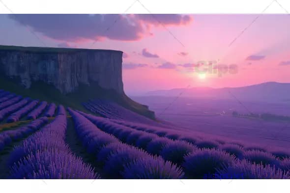 Sunset Over Lavender Fields and Majestic Cliffs