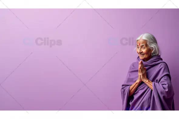 Smiling Elderly Woman in Prayer Shawl Against Lavender Background