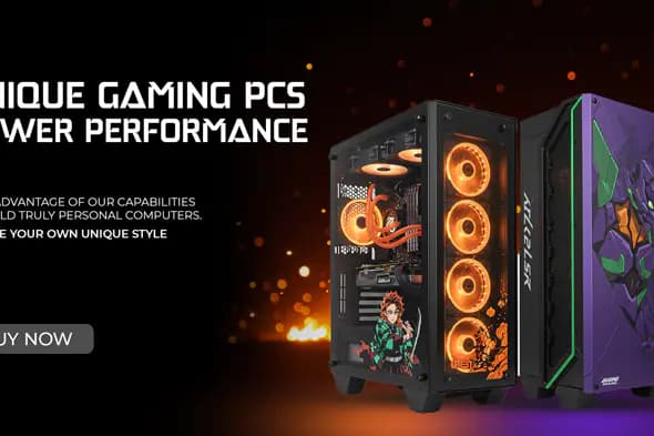 Anime-Themed Gaming PC Ad Banner with Custom Orange LED Builds