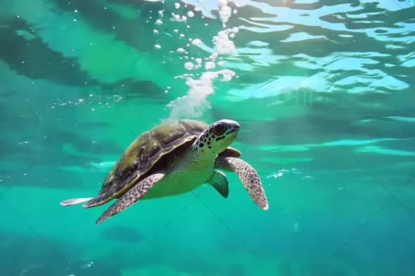 Sea Turtle Swimming in Crystal Clear Waters - Underwater Marine Life