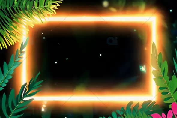 Tropical Neon Frame with Glowing Lights and Leaves