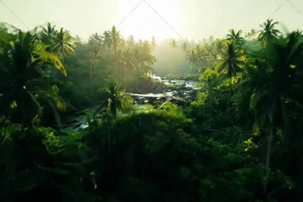 Lush Tropical Forest with River at Sunrise - Aerial View