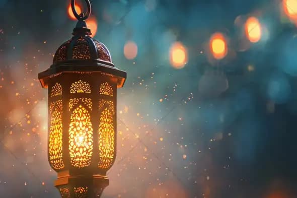 Glowing Traditional Lantern with Warm Bokeh Lights – Festive and Spiritual Atmosphere