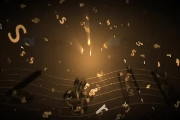 Floating Musical Notes with Glowing Light Effects on Golden Background Animation