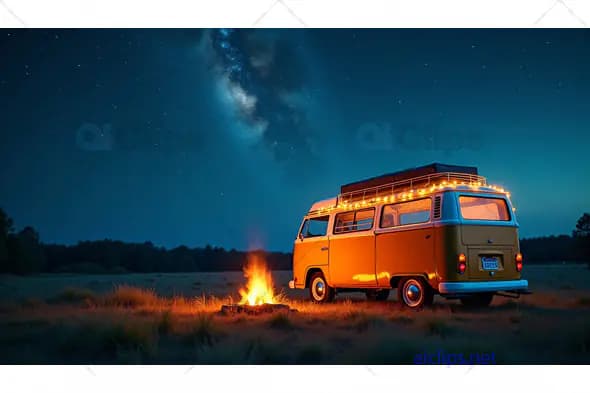 Vintage Camper Van Under Milky Way Sky with Campfire