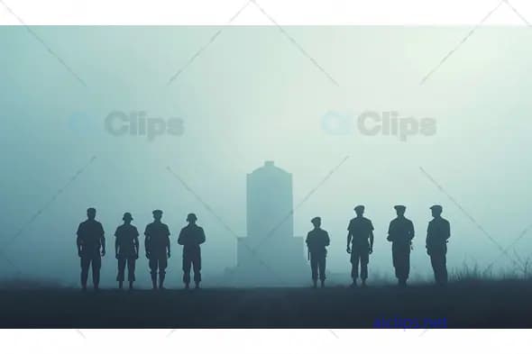 Soldier Silhouettes in Foggy Landscape with Monument