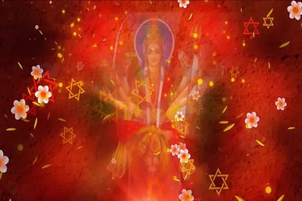 Divine Goddess Durga with Glowing Symbols and Floating Flowers Animation