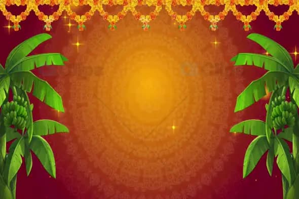 Festive Indian Wedding Background with Banana Leaves and Marigold Garlands