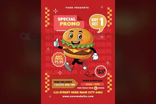 Cartoon Burger Special Promo Buy 1 Get 1 Flyer Template