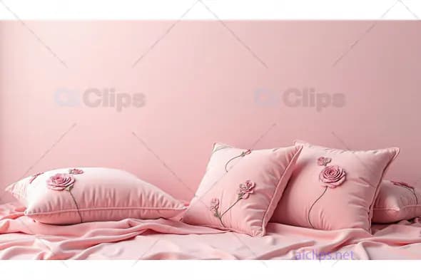 Soft Pink Floral Embroidered Pillow Set on Silk Fabric