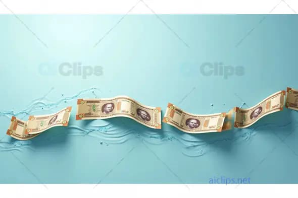 Flowing Ribbon of Currency with Water Ripples on Blue Background