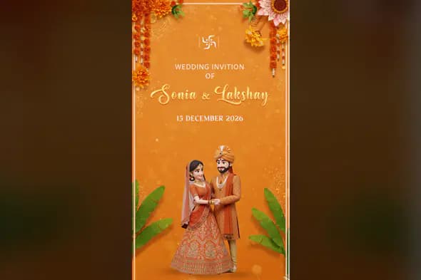 3D Indian Wedding Invitation Template with Traditional Couple in Orange Theme