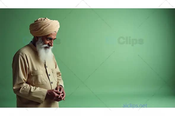Thoughtful Elderly Indian Man in Beige Turban on Green Background