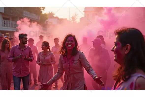 Exciting Holi Celebration with Joyful Participants and Colorful Powder