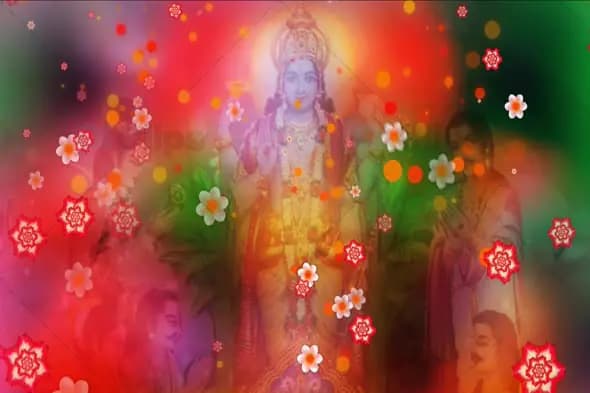 Divine Goddess with Floating Flowers on Vibrant Background