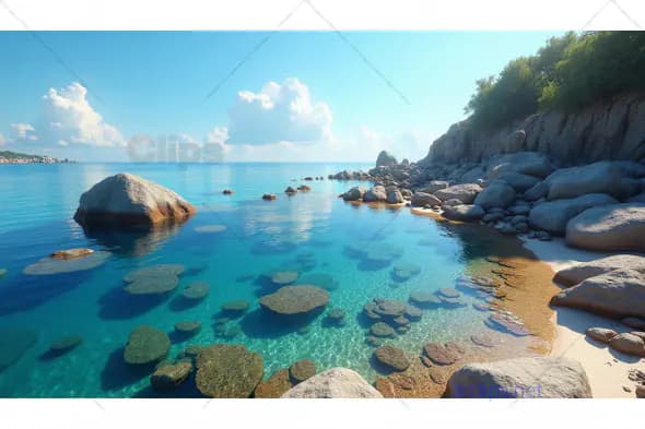 Tropical Beach with Clear Blue Waters and Rocky Shoreline